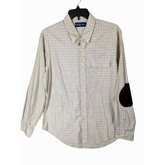 Ralph Lauren Men size XL Plaid Button Up Shirt Suede Elbow Patches Equestrian - Picture 1 of 16